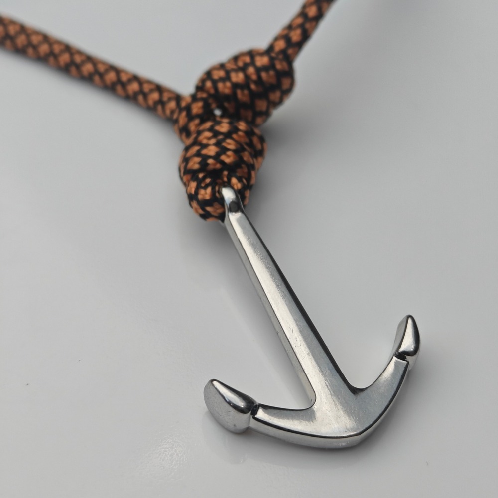Silver Tone Anchor Pendant Necklace Brown Paracord Cord Nautical Rugged Jewelry - Picture 2 of 4